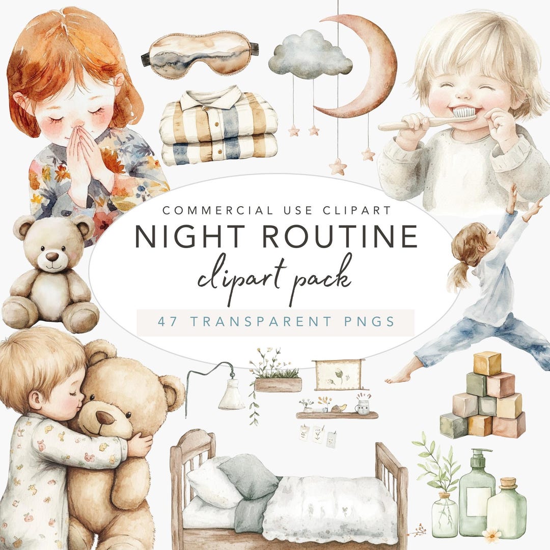 Night Routine Watercolor Clipart Set: Bedtime Illustrations (PNG) - Etsy