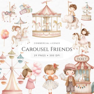 Clipart de carrusel para niños, personajes infantiles en acuarela, arte infantil de feria, uso comercial