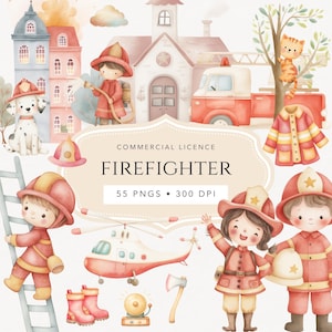 May include: Watercolor illustration featuring a firefighter theme. The image includes a fire truck, a helicopter, a Dalmatian dog, and several children dressed as firefighters. The text "FIREFIGHTER" is displayed prominently, along with "55 PNGS • 300 DPI".