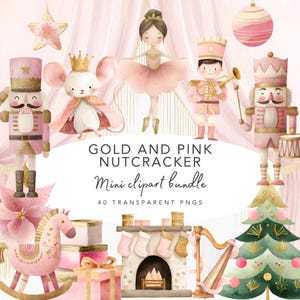 以下が含まれることがあります： ピンクとゴールドのくるみ割り人形をテーマにしたクリップアートのコレクションを描いた水彩イラスト。 バレリーナ、くるみ割り人形、ネズミの王様、クリスマスツリー、その他のお祝いの要素が含まれています。 テキストには「Gold and Pink Nutcracker Mini clipart bundle」と書かれています。
