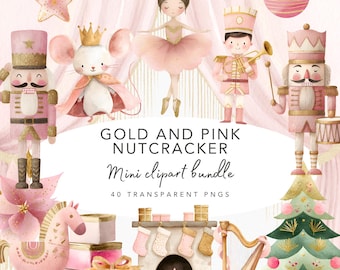 May include: Watercolor illustration featuring a collection of pink and gold Nutcracker-themed clipart. Includes a ballerina, nutcrackers, a mouse king, a Christmas tree, and other festive elements. Text reads "Gold and Pink Nutcracker Mini Clipart Bundle".