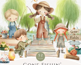Gone Fishin’ Watercolor Clipart Set | Kids Fishing PNGs | Little Fisherman & Fishergirl Summer Clip Art