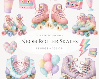 May include: Watercolor illustration of neon roller skates in pastel colors. The image includes pink, blue, and purple skates with star and wing details. Other items include a milkshake, boombox, and balloons. Text reads "Neon Roller Skates".