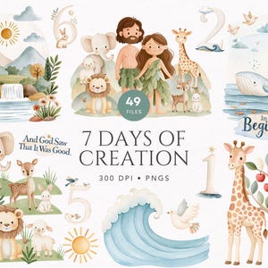 May include: A digital collection of watercolor illustrations titled 7 DAYS OF CREATION, featuring animals, landscapes, and figures. Elements include a whale, giraffe, lion, elephant, deer, rabbit, sun, ocean waves, and trees, with text reading And God Saw That It Was Good.
