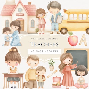 May include: A watercolour illustration depicting teachers, pupils, and school-related items. The image includes a school building, a yellow school bus, an apple, and the word "Teachers". The image also includes the text "65 PNGS • 300 DPI".