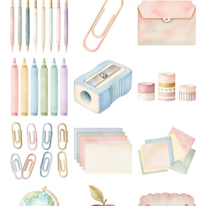 May include: A digital collection of watercolor school supplies titled CLASSROOM VIBES, featuring pens, paper clips, a pencil sharpener, washi tape, sticky notes, a globe, an apple, and a speech bubble with the text Learn! in a soft pastel palette.