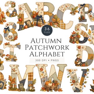 May include: A digital collection of alphabet letters and numbers featuring a patchwork design with autumn-themed patterns in orange, brown, and cream. Each character is decorated with seasonal elements like pumpkins, acorns, leaves, and books.