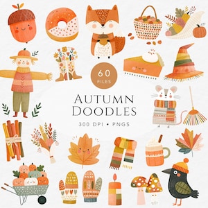 Könnte beinhalten: Eine Sammlung digitaler Illustrationen zum Thema Herbst mit einem Fuchs, einer Vogelscheuche, einer Maus, einer Kürbis-Schubkarre, Pilzen, Blättern, einem Schal, Fäustlingen, einer Kerze, einem Becher, einem Stück Kuchen, einem Hexenhut und einer Eichel mit dem Text 60 FILES AUTUMN DOODLES 300 DPI PNGS.