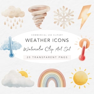 May include: Watercolor clip art set of weather icons, including a cloud with rain, a tornado, a snowflake, and a lightning bolt. Other icons include a thermometer, a rainbow, and a sun. The text reads "Weather Icons" and "20 Transparent PNGs."