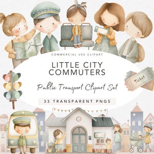 以下が含まれることがあります： 「Little City Commuters」というタイトルのデジタルクリップアートセット。子供と公共交通機関の要素のイラストが特徴です。バス、駅、チケット、信号機の画像が含まれています。「Public Transport Clipart Set」というテキストも含まれています。