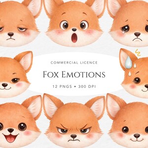 Könnte beinhalten: Eine Sammlung von Aquarell-Fuchsgesichtern, die verschiedene Emotionen zeigen. Die Füchse sind in Orange- und Brauntönen mit ausdrucksstarken Augen und rosigen Wangen dargestellt. Das Bild enthält den Text "FOX EMOTIONS" und Details zu den enthaltenen PNG-Dateien.
