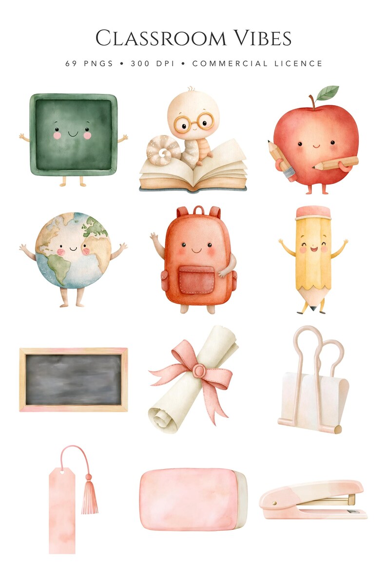 Classroom Clipart Set, Pastel School Supplies PNG, Watercolor Stationery, Teacher Graphics image 2