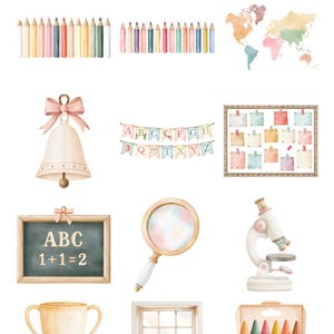 May include: A digital collection titled CLASSROOM VIBES featuring watercolor illustrations of school supplies including colored pencils, a world map, a bell with a bow, an alphabet banner, a bulletin board, a chalkboard with ABC 1+1=2, a magnifying glass, a microscope, a trophy, a window, and crayons.