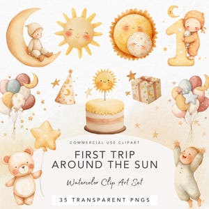 Puede incluir: Conjunto de imágenes prediseñadas de acuarela con ilustraciones de bebés y temas celestiales. Incluye un sol sonriente, una luna, estrellas, globos, un pastel, un oso de peluche y un bebé. El texto dice "FIRST TRIP AROUND THE SUN" y "Watercolor Clip Art Set".