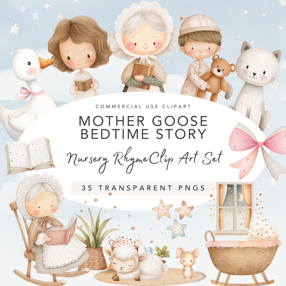 Mother Goose Bedtime Story Clipart, Nursery Rhyme Watercolor Clip Art ...