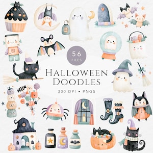 May include: A collection of watercolor Halloween illustrations featuring ghosts, bats, black cats, pumpkins, a haunted house, potion bottles, and candy. The central text reads 56 FILES HALLOWEEN DOODLES 300 DPI PNGS, showcasing various festive characters and seasonal icons.