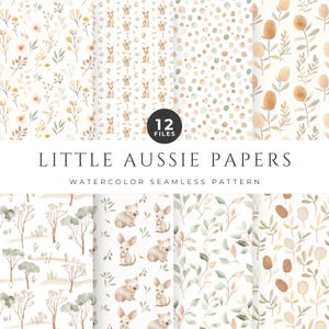Può includere: Una collezione di motivi senza cuciture ad acquerello con temi australiani. I motivi presentano disegni floreali, koala e altri animali australiani in colori tenui e smorzati. Il testo "LITTLE AUSSIE PAPERS" è visualizzato.