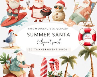 May include: Watercolor clipart pack featuring Santa Claus in summer scenes. Santa is shown surfing, grilling, relaxing on a beach chair, and riding a scooter. Other elements include a seagull, a snowman, a life preserver, and a hammock. The text reads "Summer Santa Clipart pack".