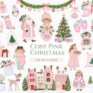 Puede incluir: Una colección de ilustraciones navideñas en acuarela que incluye un Santa Claus rosa, un árbol decorado, un oso polar, un pingüino, un ciervo, niños, casas rosas y decoración festiva con el texto Cosy Pink Christmas 70 300 DPI PNGS.