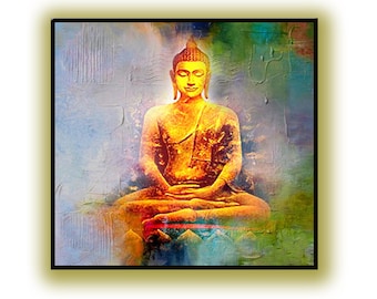 May include: A framed painting of a seated Buddha in a meditative pose. The artwork features a warm, golden Buddha figure against a textured background with blue, green, and yellow hues. The painting is enclosed in a black frame.