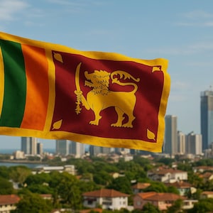 Puede incluir: La bandera de Sri Lanka ondea al viento contra el telón de fondo del horizonte de la ciudad. La bandera presenta un campo granate con un león dorado sosteniendo una espada, un borde amarillo y franjas verticales verdes y naranjas.