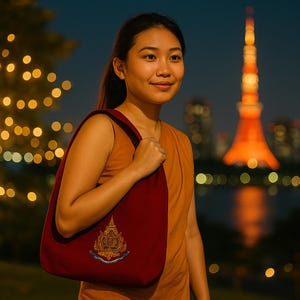 Puede incluir: Un bolso de hombro granate con un diseño bordado dorado y azul ornamentado. El bolso se lleva al hombro. El fondo presenta un paisaje urbano borroso con una torre iluminada y luces bokeh.