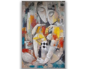 Abstract Couple Painting | Modern Cubist Style Acrylic Art | Textured Canvas with Warm Tones | Romantic Handmade  | Original