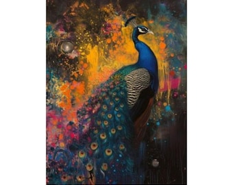 Colorful Peacock Acrylic Painting 24x36 | Handmade Bird Wall Art | Luxury Interior Decor Gift