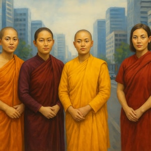 May include: An oil painting depicts four women in traditional Buddhist robes standing on a city street. The women wear robes in shades of orange, burgundy, and yellow. Tall buildings and a cloudy sky form the background.