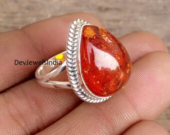 Sterling Silver Baltic Amber Pear Ring, Statement Orange Gemstone Jewellery