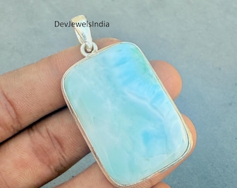 Pendentif rectangulaire fait main de pierres précieuses de Larimar, collier tendance en argent sterling 925