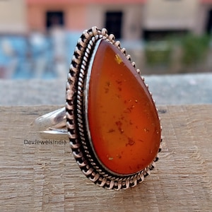 925シルバーリング、ハンドメイドステートメントリング、バルト海産琥珀のペアシェイプリング、ボヘミアンリング、女性用ジュエリー、バレンタインデーギフト