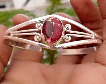 Bracelet jonc ajustable fait main en turquoise rouge Mohave, argent 925, idéal pour femmes et jeunes filles.