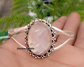 Bracelet jonc fait main en quartz rose, argent sterling 925, bijou de créateur, cadeau de Noël pour femme, idéal pour les fêtes.