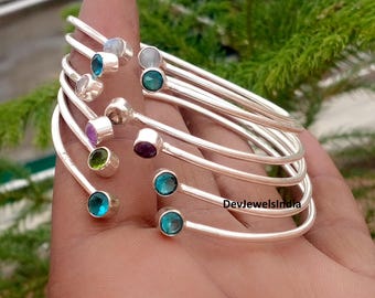 Bracelet jonc fait main en argent sterling 925 multi-pierres précieuses, cadeau d'anniversaire pour femme, bracelet ajustable de créateur.