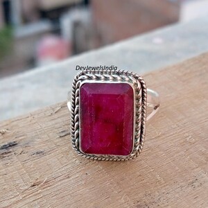 Rectangle Pink Ruby Gemstone Statement Ring, 925 Sterling Silver, Boho Artisan Style image 5