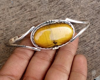 Bracelet manchette ovale en argent sterling 925, orné d'un œil de tigre, fait main.