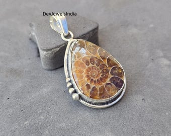 Ammonite Fossil Gemstone Pendant, Pear, 925 Sterling Silver, Handmade
