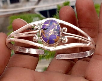 Bracelet jonc fait main en argent sterling 925 et pierre précieuse turquoise cuivrée violette, bracelet jonc pour femme idéal pour les fêtes.