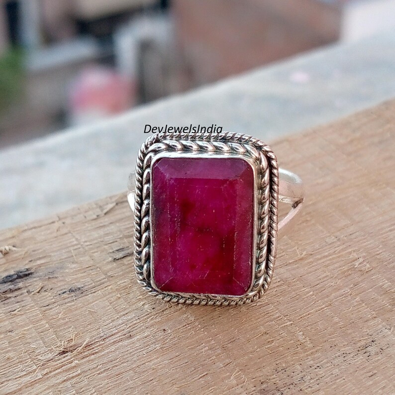 Rectangle Pink Ruby Gemstone Statement Ring, 925 Sterling Silver, Boho Artisan Style image 2