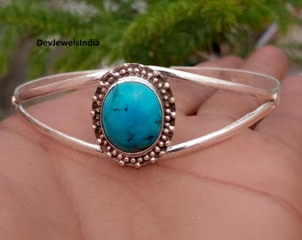 Bracelet jonc fait main en argent sterling 925 et turquoise, orné d'une pierre précieuse. Cadeau de Noël idéal pour une femme.