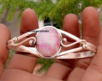 Bracelet jonc ajustable en pierre de lune rose faite main, bijou de créateur pour femme, cadeau de Noël.