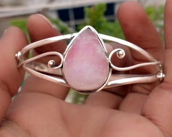 Bracelet jonc en argent sterling 925 et pierre de lune rose faite main, bracelet ajustable de créateur pour femme.