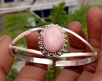 Bracelet jonc en argent sterling 925 et opale rose, fait main, bijou de créateur pour un anniversaire.