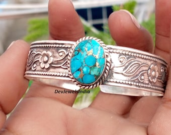 Bracelet jonc en turquoise et cuivre bleu, fait main, en argent sterling 925, cadeau de Noël pour femme.