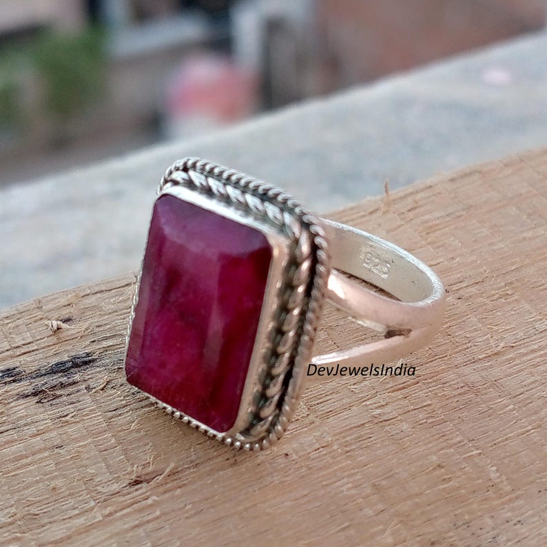 Rectangle Pink Ruby Gemstone Statement Ring, 925 Sterling Silver, Boho Artisan Style image 3