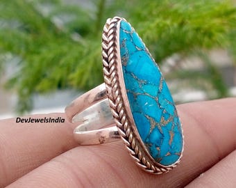Bague en turquoise et cuivre bleu, faite main, avec pierre précieuse, argent sterling 925 de créateur.