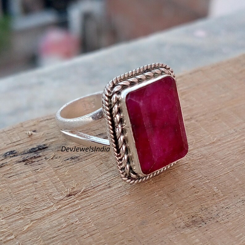 Rectangle Pink Ruby Gemstone Statement Ring, 925 Sterling Silver, Boho Artisan Style image 6