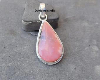 Natural Pink Opal Pear Shape Pendant, Sterling Silver Statement Jewelry