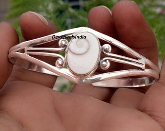 Bracelet jonc en argent sterling 925 ajustable, orné d'une pierre précieuse et réalisé à la main en coquillage Shiva Eye, idéal pour les jeunes filles. Cadeau de Noël.